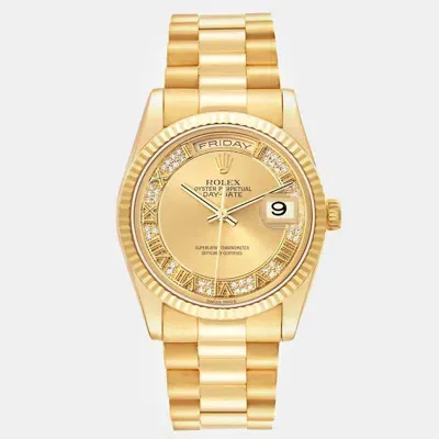 Pre-owned Rolex President Day-date Yellow Gold Myriad Diamond Dial Men's Watch 118238 36 Mm