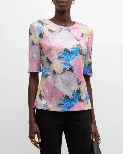 Rosetta Getty Painted Floral Sequin Mesh Sequin Fitted T-shirt In Multi