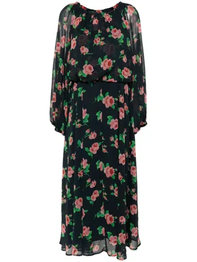 Rotate Birger Christensen Floral-print Chiffon Maxi Dress In Blue