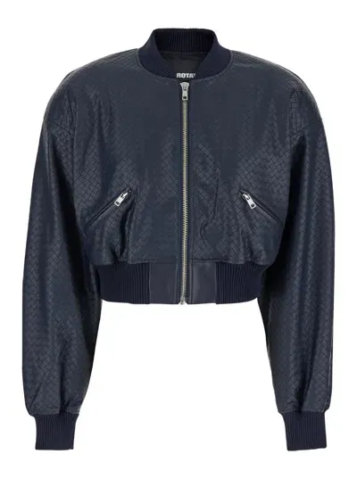 Rotate Birger Christensen Blue Cropped Jacket In Braided Eco Leather Woman