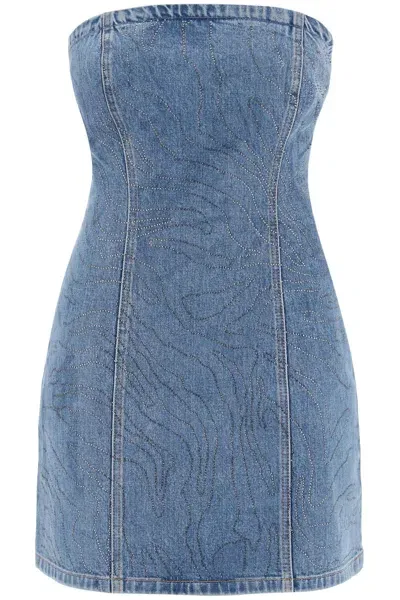 Rotate Birger Christensen Rhinestone Denim Dress In Blue