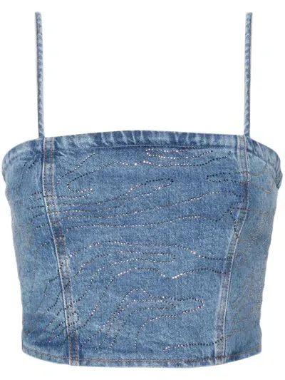 Rotate Birger Christensen Rhinestoned Denim Cropped Top In Blue