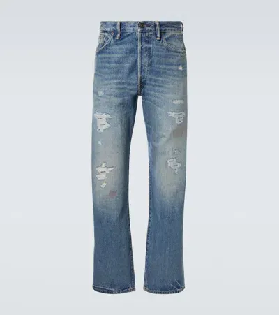 Rrl Distressed Low-rise Straight Jeans In Blue