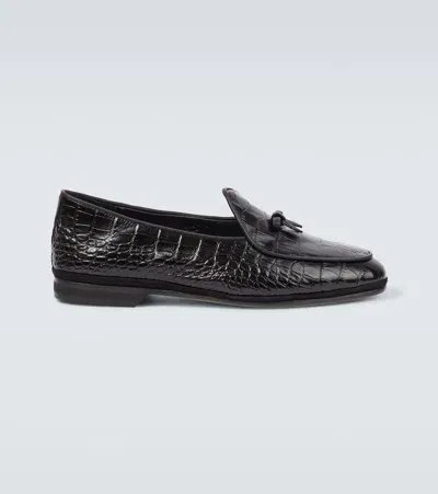 Rubinacci Bow-detail Croc-effect Leather Loafers In Black