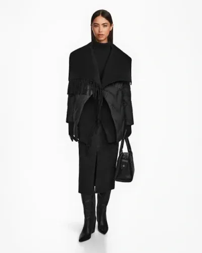 Rudsak Wool & Down Wrap Fringe Coat In Black