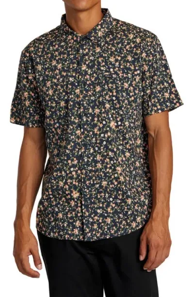 Rvca Botanical Print Short Sleeve Button-up Shirt In Navy Marine