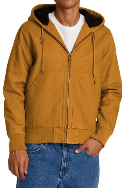 Rvca Chain Mail Hooded Canvas Jacket With Faux Shearling Lining In Camel