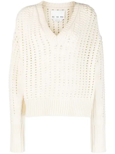 Sa Su Phi Open-knit V-neck Jumper In Neutrals