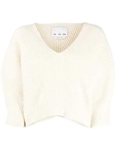 Sa Su Phi V-neck Ribbed-knit Jumper In Weiss