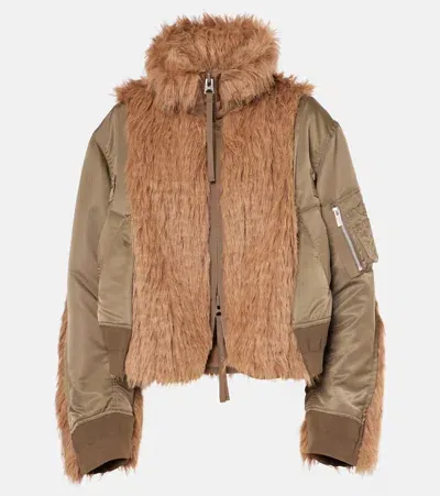 Sacai Faux Fur And Technical Jacket In Brown/multi