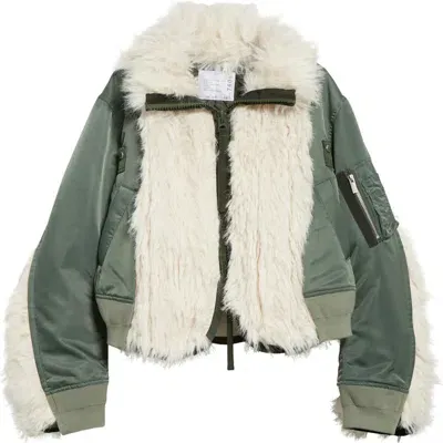 Sacai Faux Fur Panel Mixed Media Bomber Jacket In Ecru X Khaki