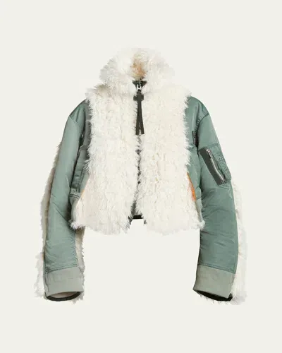 Sacai Faux Fur Paneled Bomber Jacket In Green