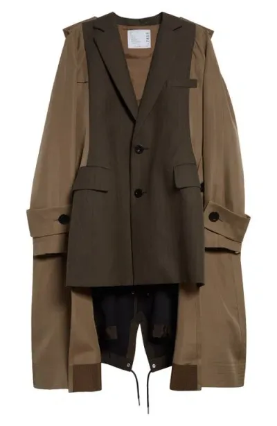 Sacai Mixed Media Trench Coat In Khaki X Beige