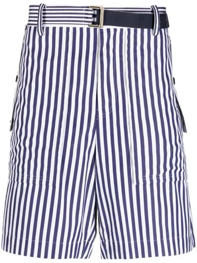 Sacai Vertical-stripe Print Cotton Shorts In White