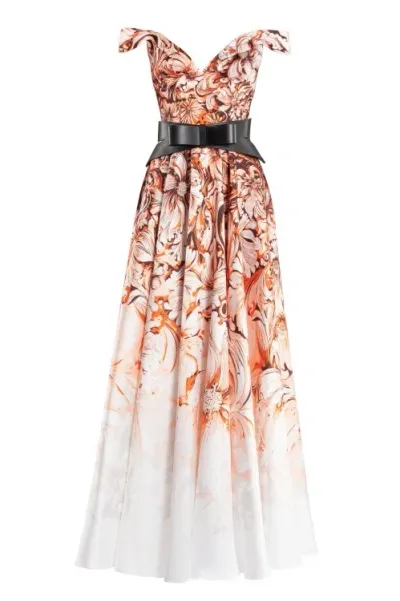 Saiid Kobeisy Mikado Printed Dress With Off-shoulder Sleeves In Orange