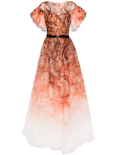 Saiid Kobeisy Printed Tulle Gown In Orange