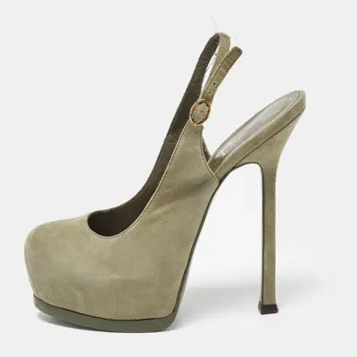 Pre-owned Saint Laurent Army Green Suede Tribtoo Slingback Pumps Size 35