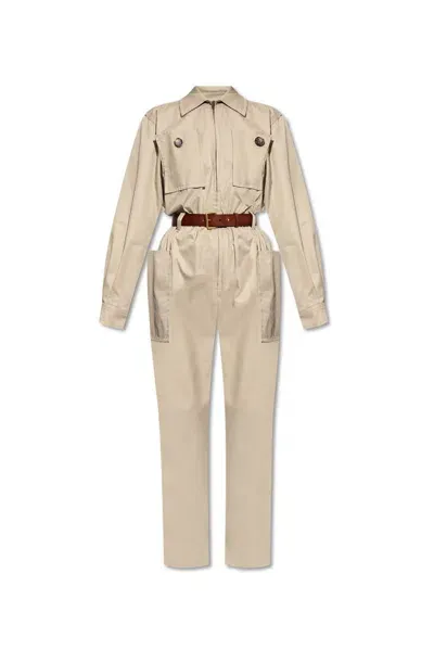 Saint Laurent Belted Cotton-twill Jumpsuit In Beige