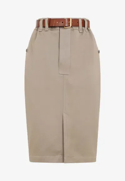 Saint Laurent Belted Midi Pencil Skirt In Beige