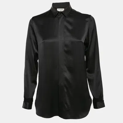 Pre-owned Saint Laurent Black Satin Silk Leather Trim Button Front Shirt M