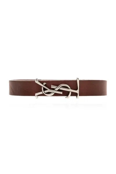 Saint Laurent Ysl Single Wrap Leather Bracelet In Dark Brown