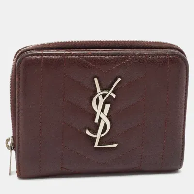 Pre-owned Saint Laurent Burgundy Leather Monogram Zip Around Wallet