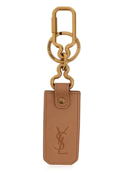 Saint Laurent Cassandre Logo Debossed Keyring In Gold