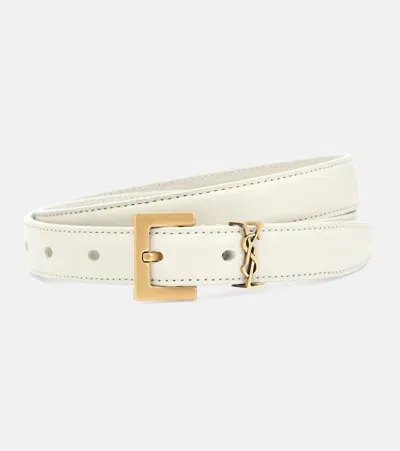 Saint Laurent Cassandre Slim Leather Belt In White