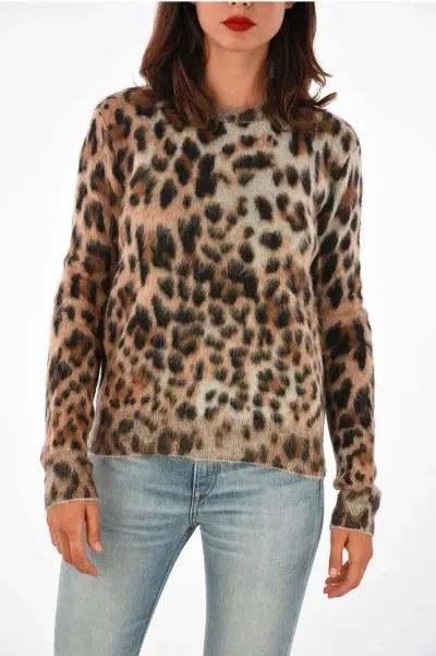 Saint Laurent Crew Neck Mohair Blend Sweater With Animal Pattern In Animal Print