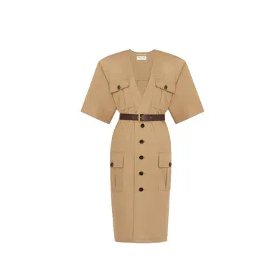 Saint Laurent Knee Length Saharienne Dress In Beige