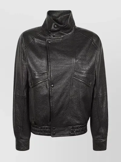 Saint Laurent Leather High Collar Jacket In Black