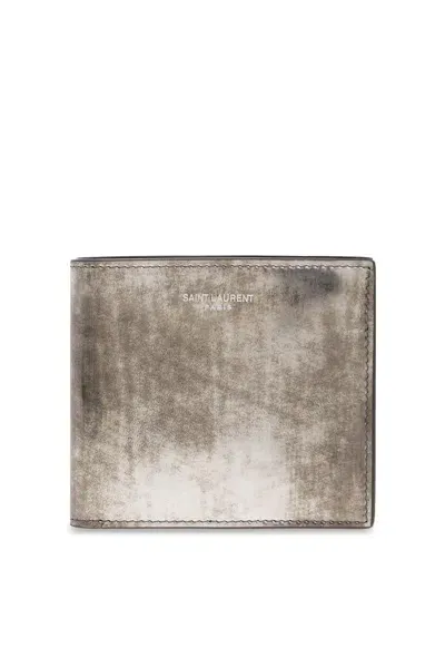 Saint Laurent Logo Detailed Bifold Wallet In Silver