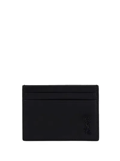 Saint Laurent Logo Leather Cardholder In Black