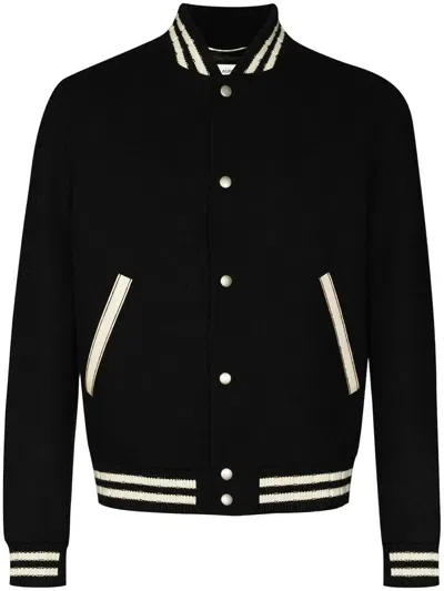 Saint Laurent Men's Logo Wool Bomber Jacket In Black