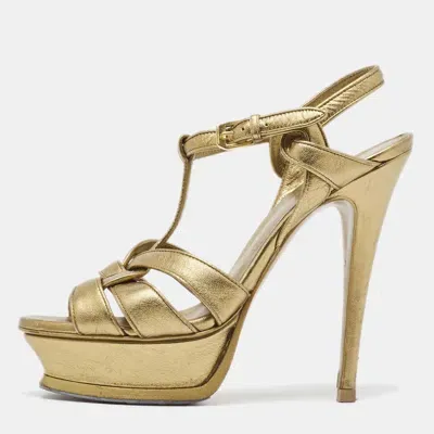 Pre-owned Saint Laurent Metallic Leather Tribute Sandals Size 37