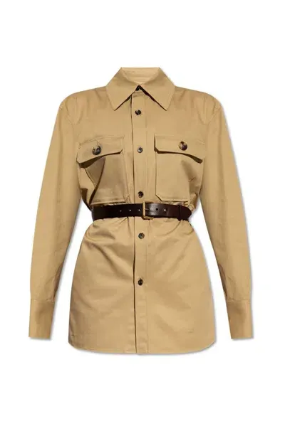 Saint Laurent Oversized Belted Shirt In Beige