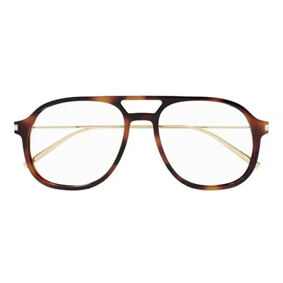 Saint Laurent Pilot Frame Glasses In 002 Havana Gold Transpare