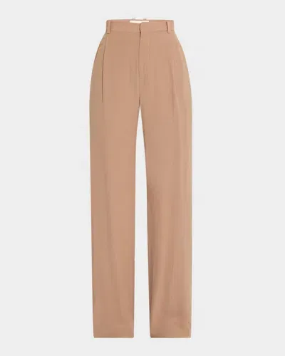 Saint Laurent Pleated Straight-leg Silk Suiting Trousers In Cappuccino