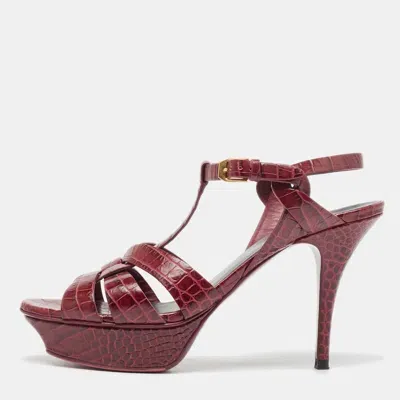 Pre-owned Saint Laurent Plum Embossed Crocodile Tribute Sandals Size 39 In Purple