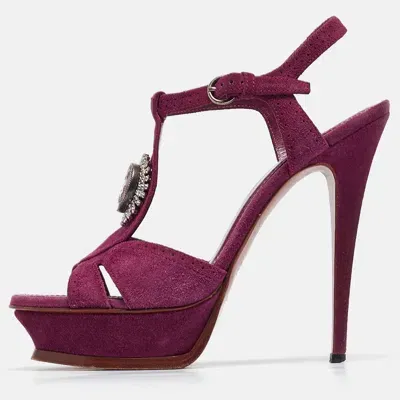 Pre-owned Saint Laurent Purple Suede Buckle Detail Platform Ankle Strap Sandals Size 40