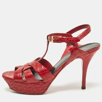 Pre-owned Saint Laurent Red Croc Embossed Leather Tribute Platform Sandals Size 37