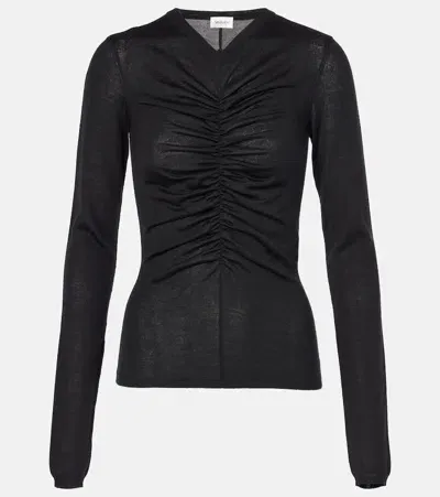 Saint Laurent Ruched V-neck Sheer Knitwear With Slim Fit In Black