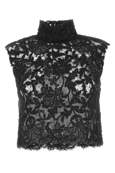 Saint Laurent Lace Detailed High Neck Blouse In Black