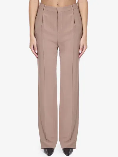 Saint Laurent Silk Crepe Trousers In Beige