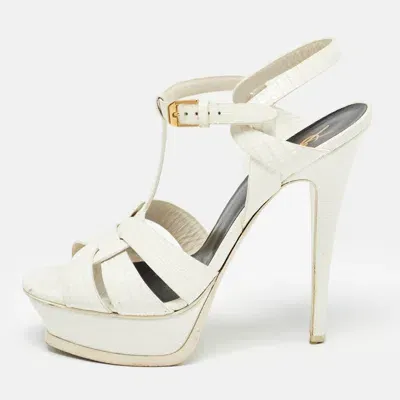 Pre-owned Saint Laurent White Lizard Embossed Leather Tribute Platform Ankle Strap Sandals Size 38