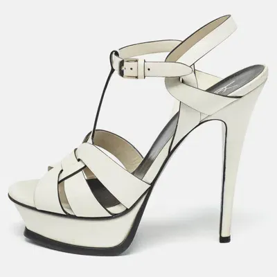 Pre-owned Saint Laurent White/black Leather Tribute Ankle Strap Sandals Size 38