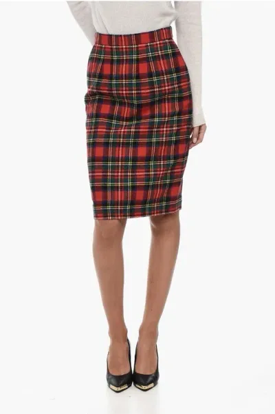 Saint Laurent Wool Blend Tartan Skirt In Red