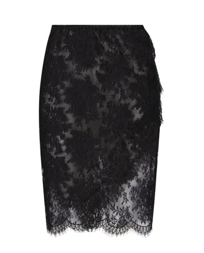 Saint Laurent Wrap Lace Detailed Pencil Skirt In Black