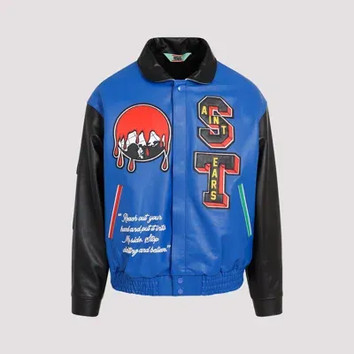 Saint Mxxxxxx X Denim Tears Leather Varsity Jacket In Blue