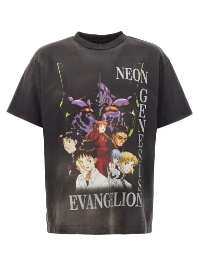 Saint Mxxxxxx Evangelion Distressed Printed Cotton-jersey T-shirt In Black